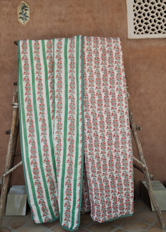 Green Floral and Stripe Bed Quilt