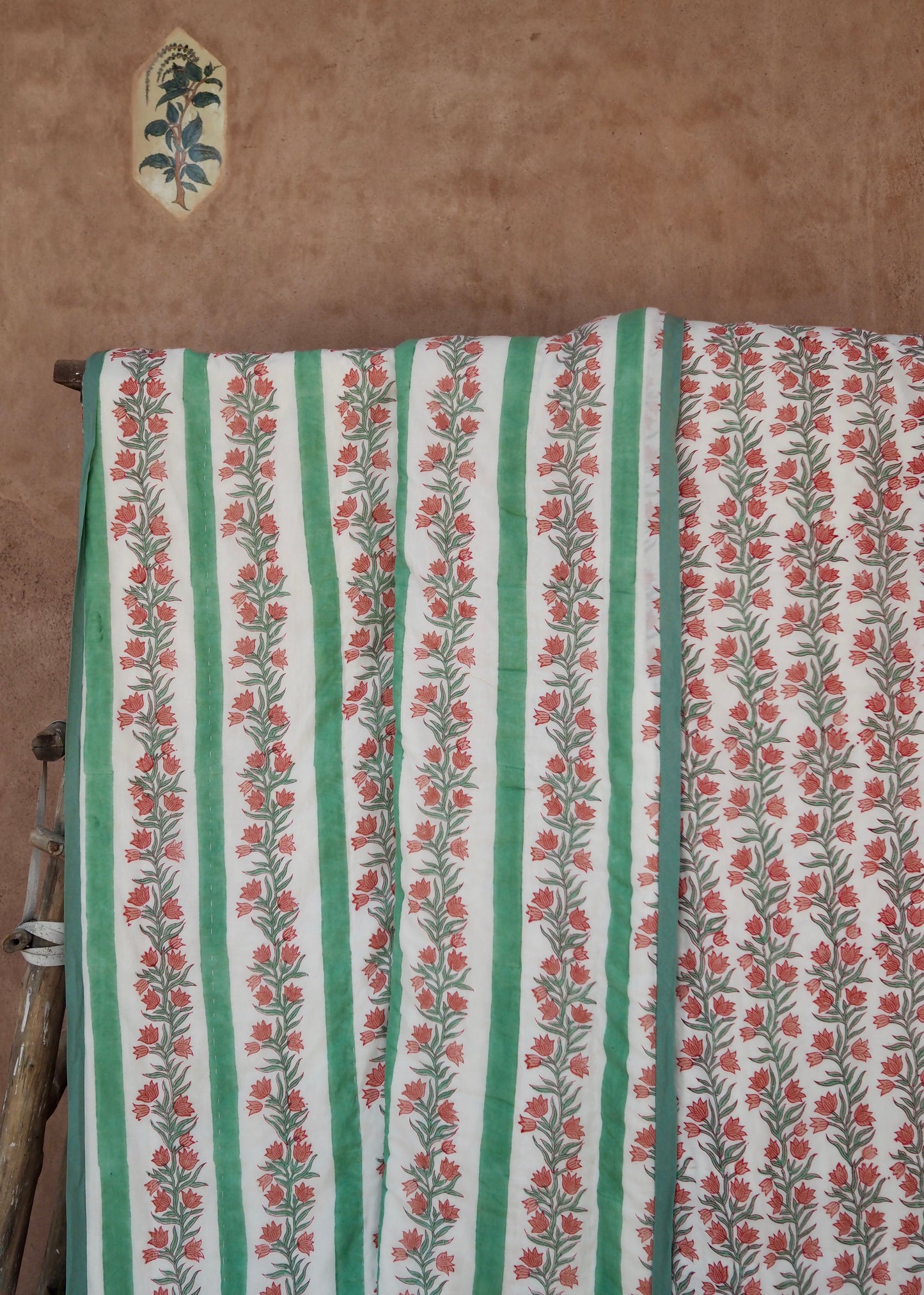 Green Floral and Stripe Bed Quilt