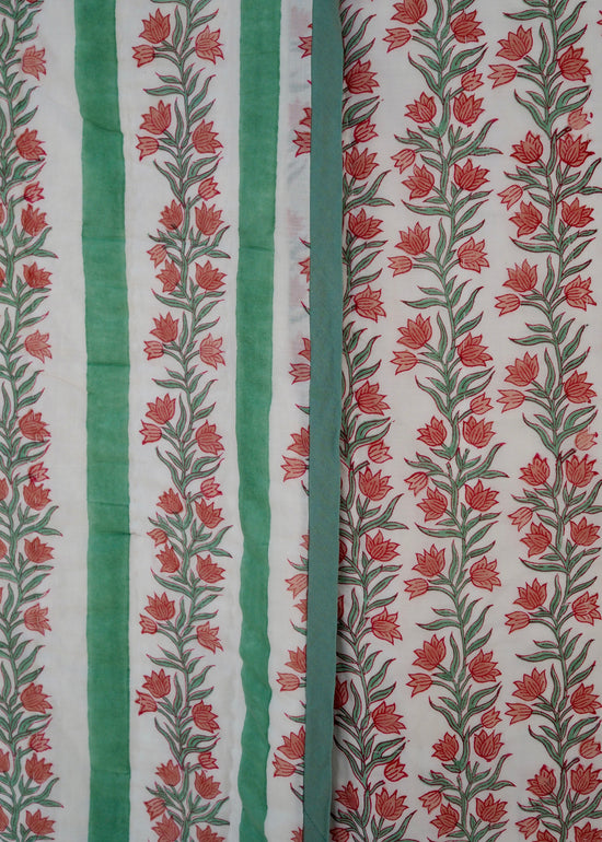 Green Floral and Stripe Bed Quilt