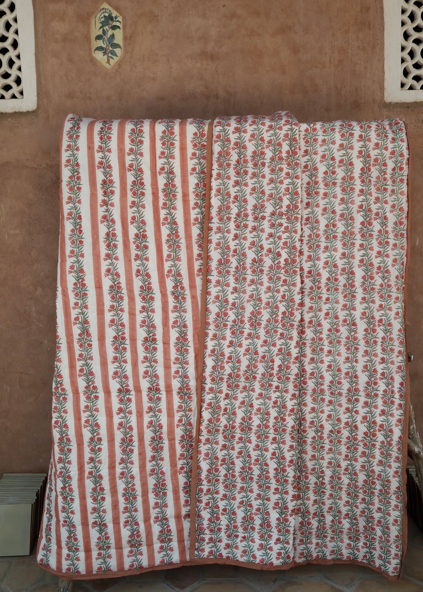 Terracotta Pink Floral Vine and Stripe Bed Quilt