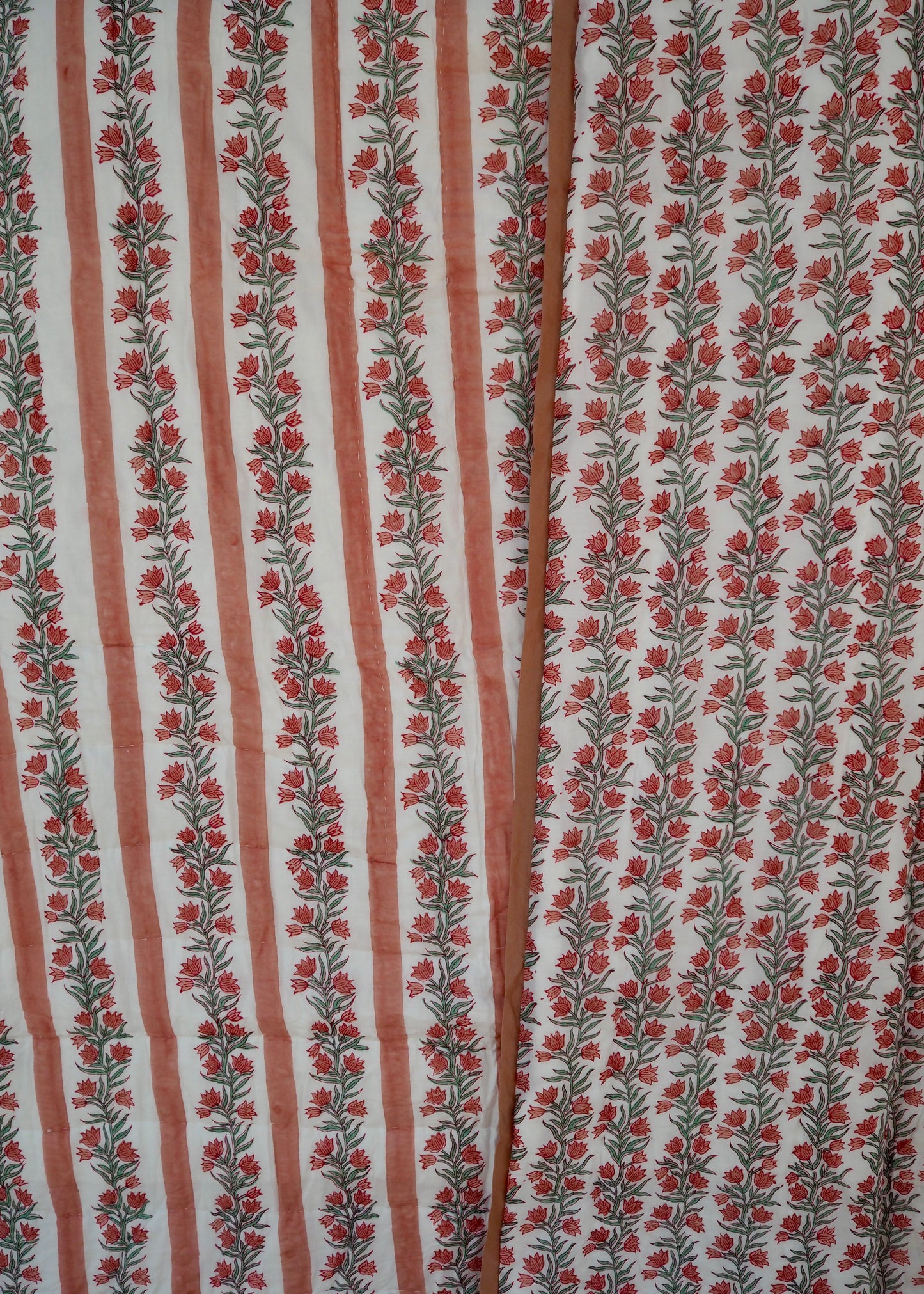 Terracotta Pink Floral Vine and Stripe Bed Quilt