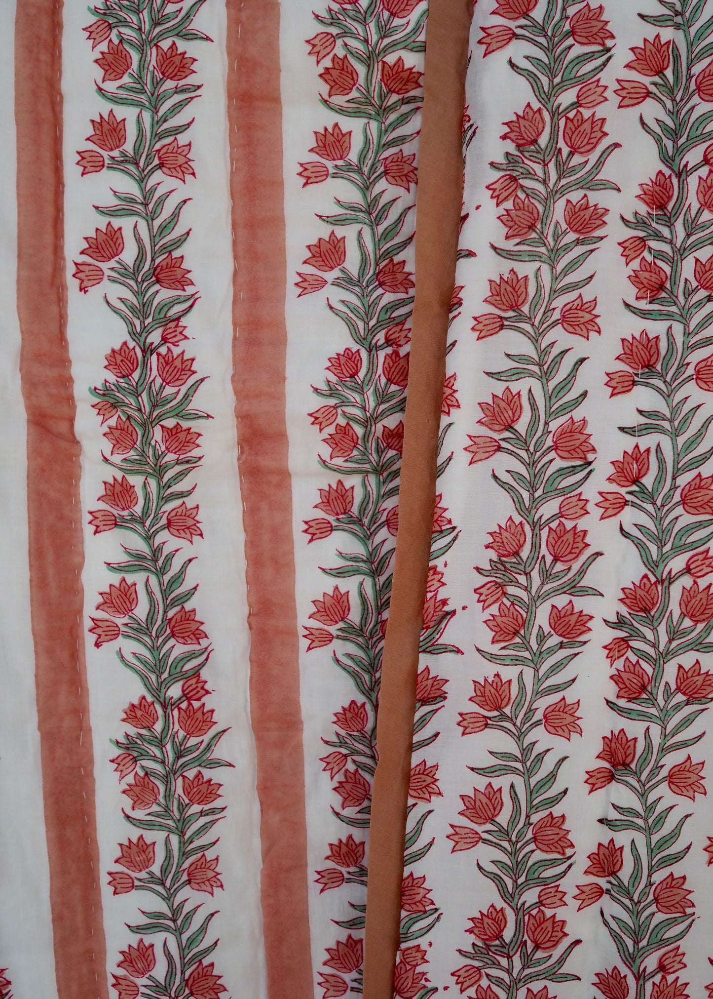 Terracotta Pink Floral Vine and Stripe Bed Quilt