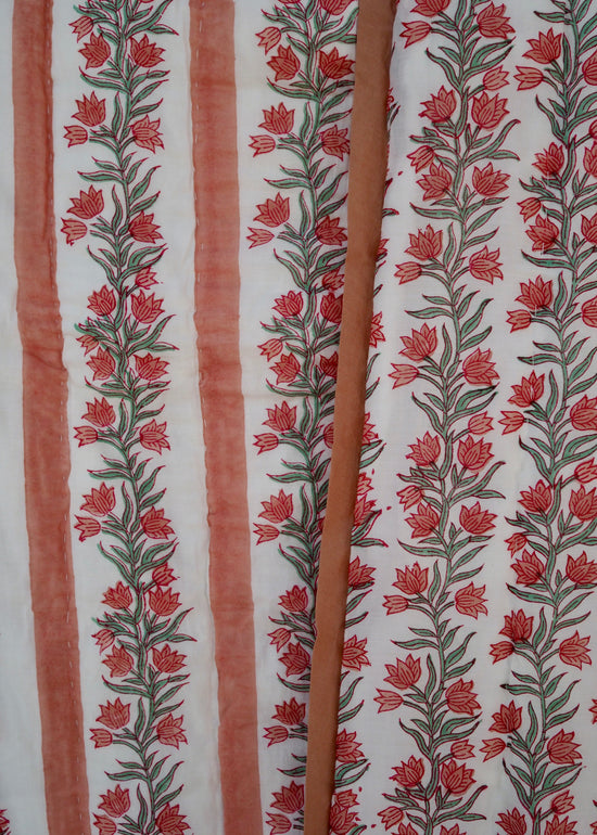 Terracotta Pink Floral Vine and Stripe Bed Quilt