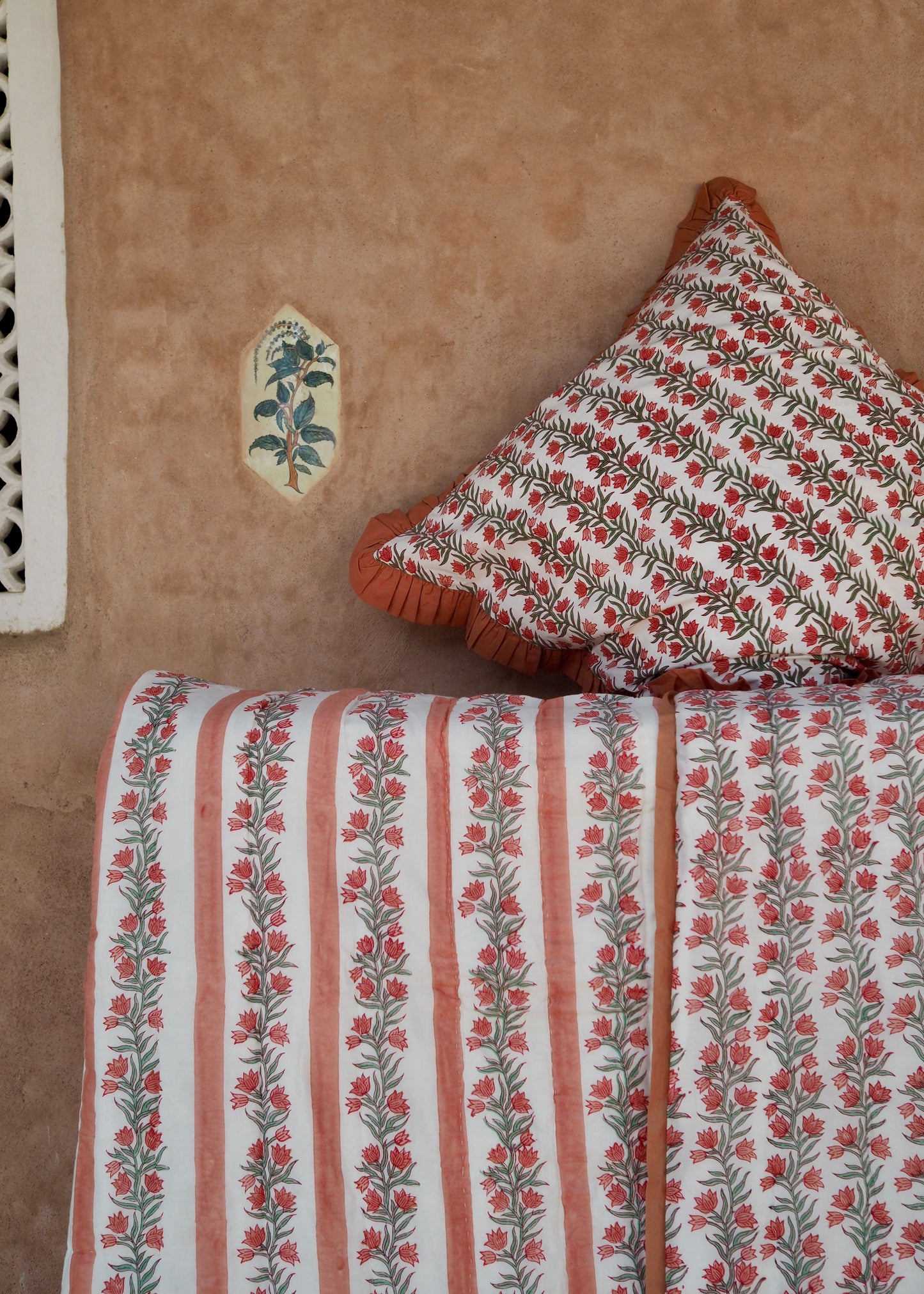 Terracotta Pink Floral Vine and Stripe Bed Quilt