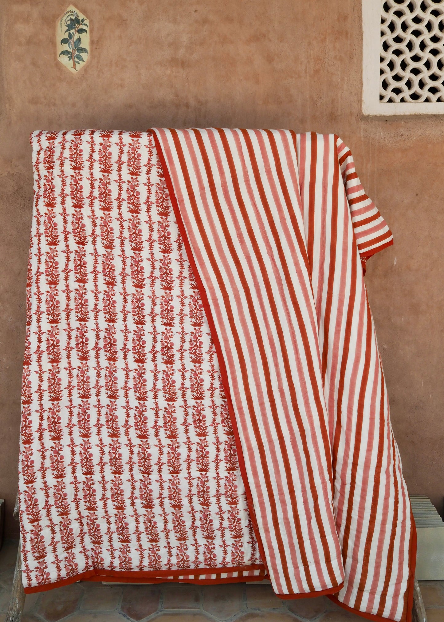 Terracotta Pink Floral and Stripe Bed Quilt