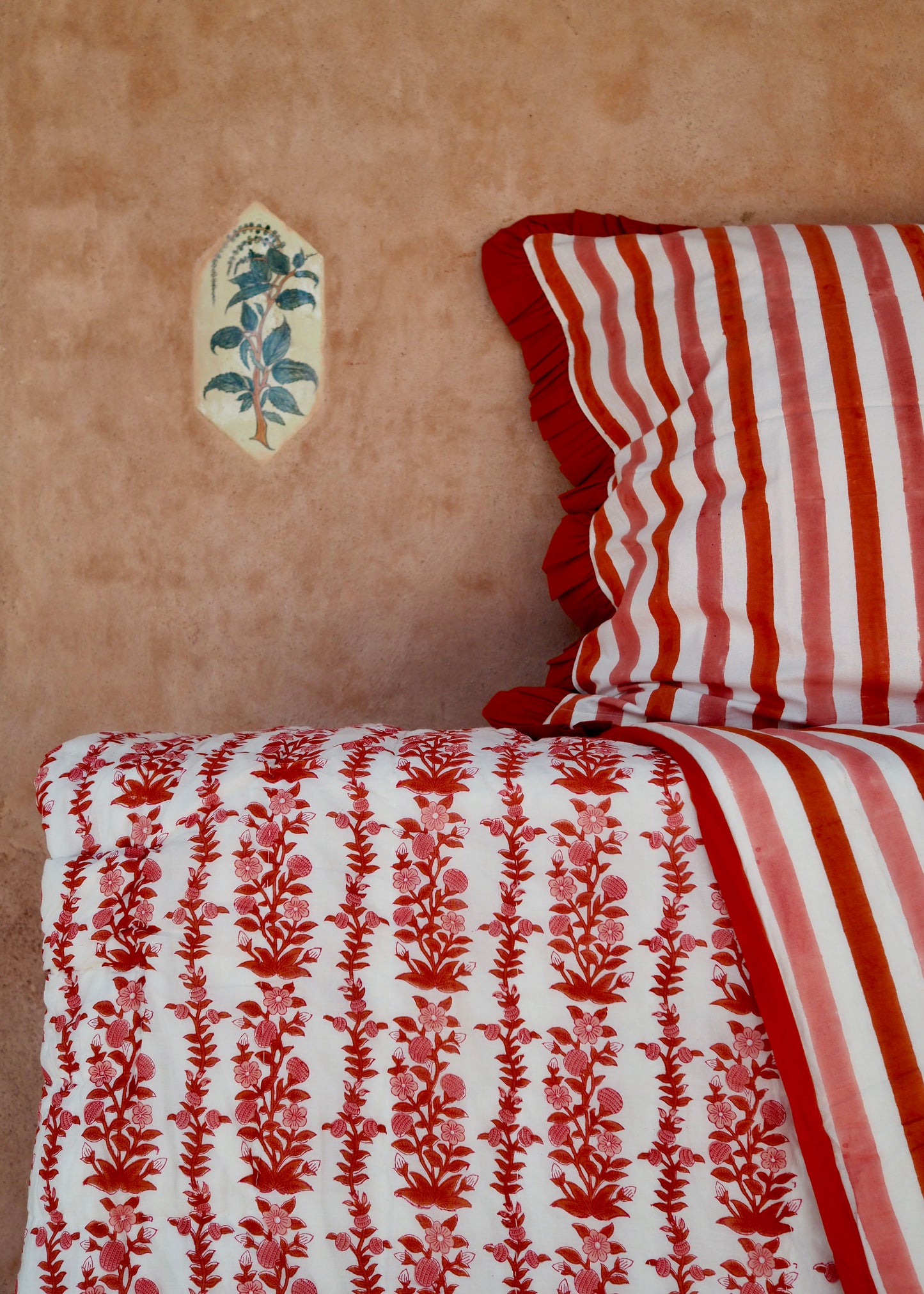 Terracotta Pink Floral and Stripe Bed Quilt