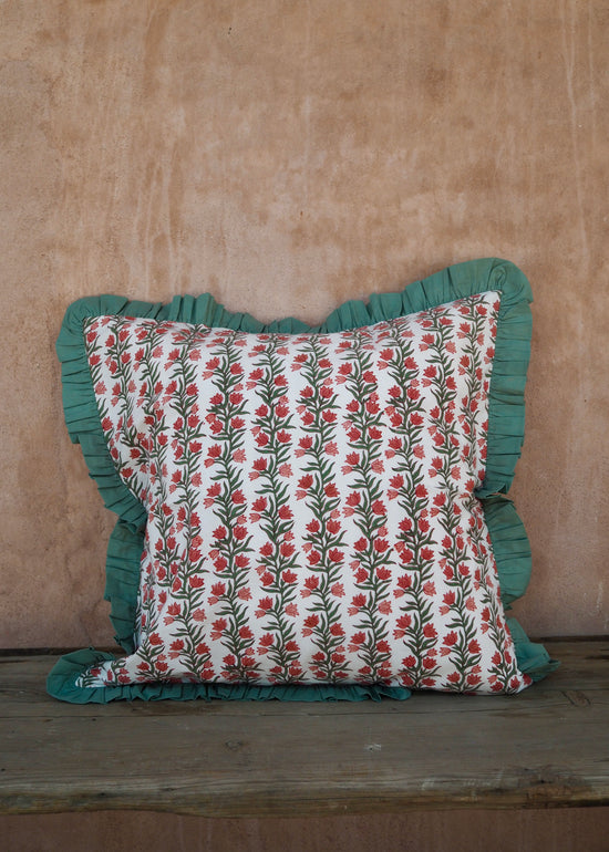 Large Green Floral and Stripe Reversible Cushion Cover