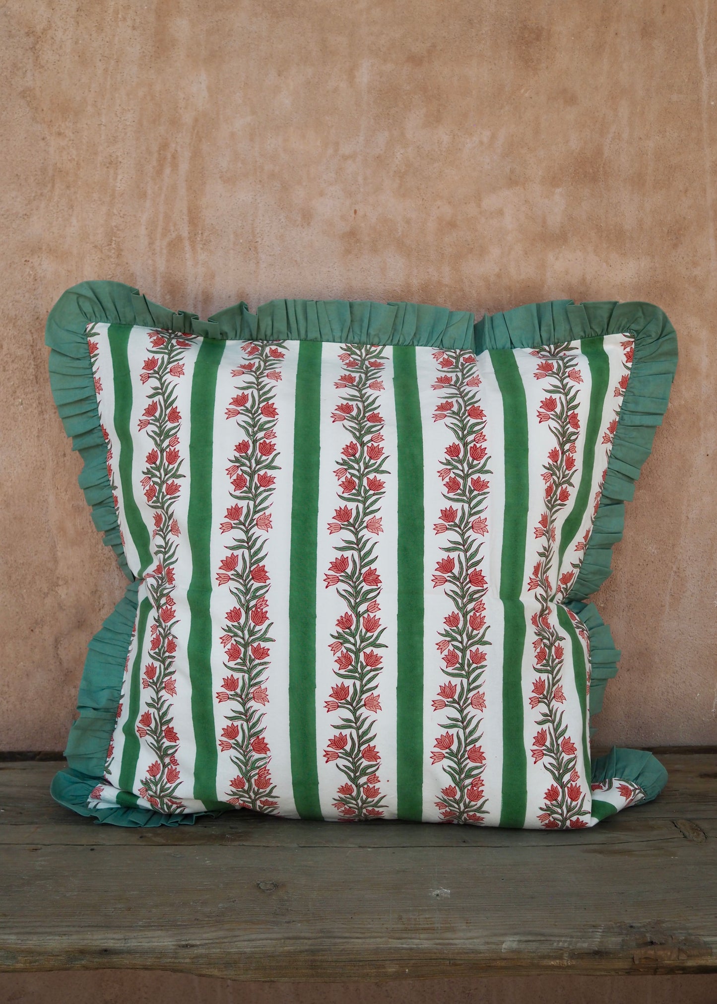 Large Green Floral and Stripe Reversible Cushion Cover