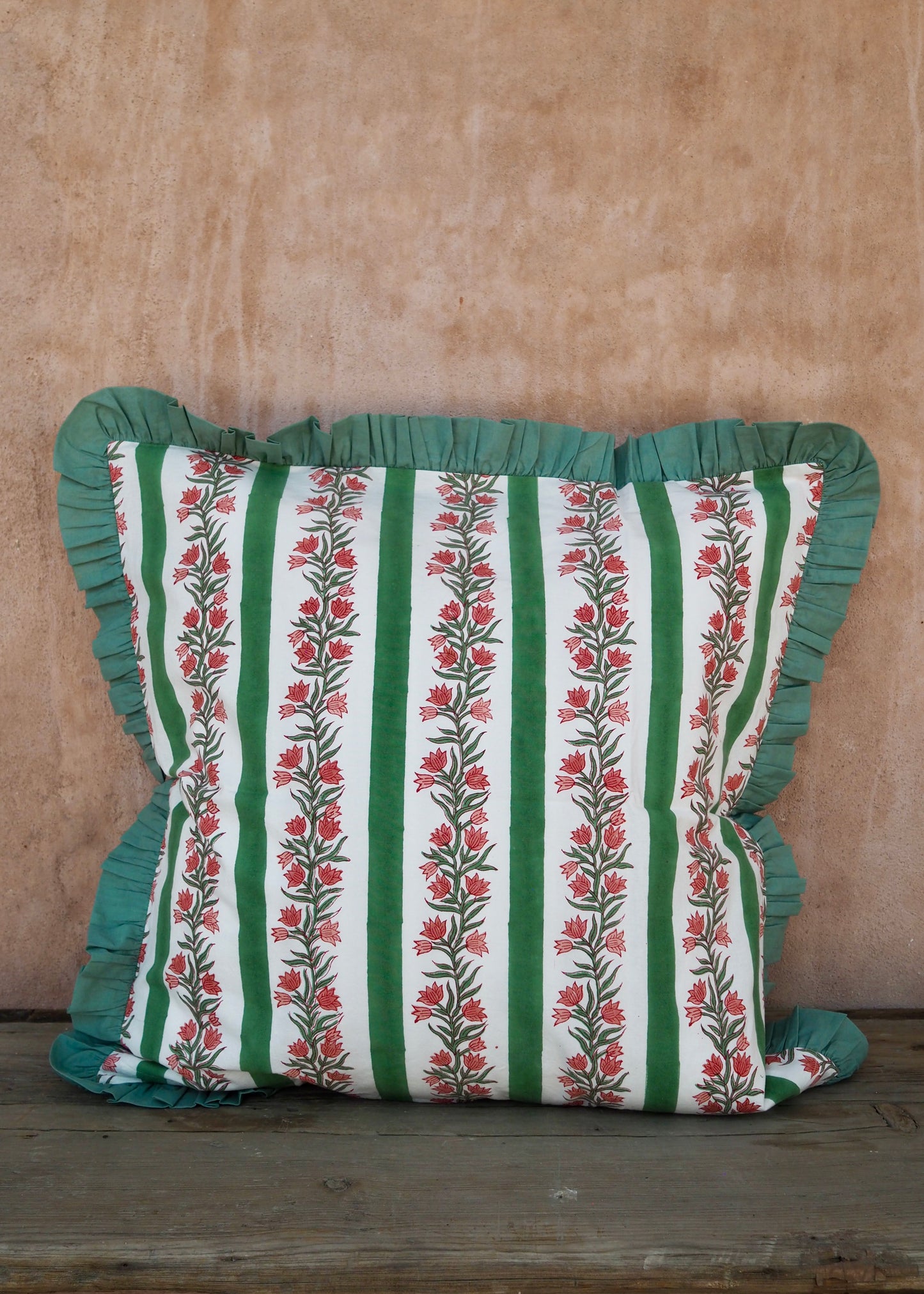 Large Green Floral and Stripe Reversible Cushion Cover