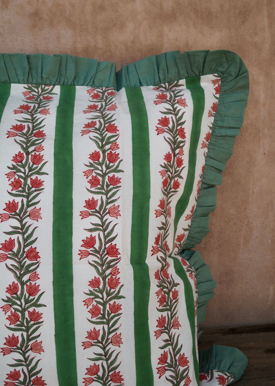 Large Green Floral and Stripe Reversible Cushion Cover