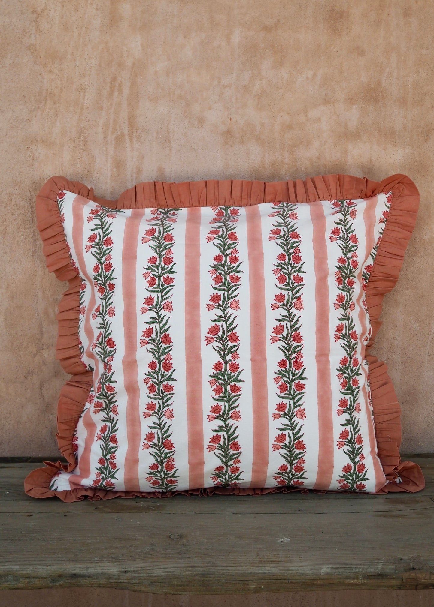 Large Terracotta Pink Floral and Stripe Reversible Cushion Cover