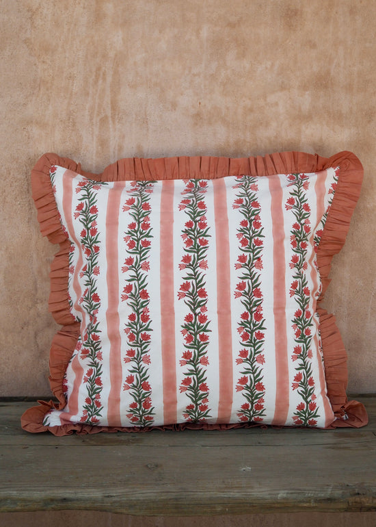 Large Terracotta Pink Floral and Stripe Reversible Cushion Cover