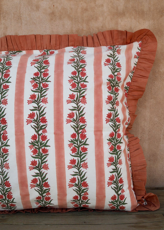 Large Terracotta Pink Floral and Stripe Reversible Cushion Cover