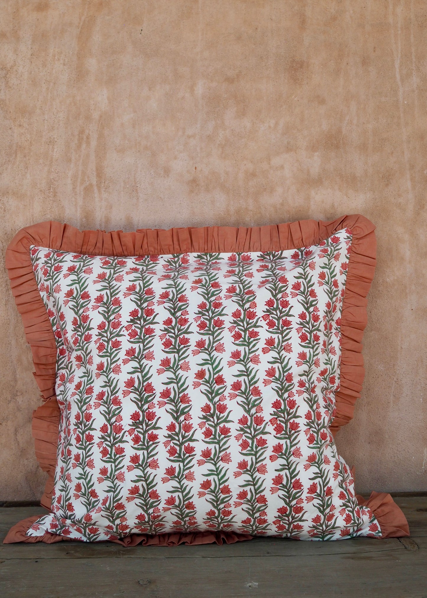 Large Terracotta Pink Floral and Stripe Reversible Cushion Cover