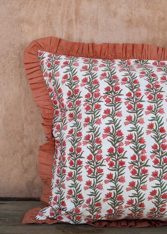 Large Terracotta Pink Floral and Stripe Reversible Cushion Cover