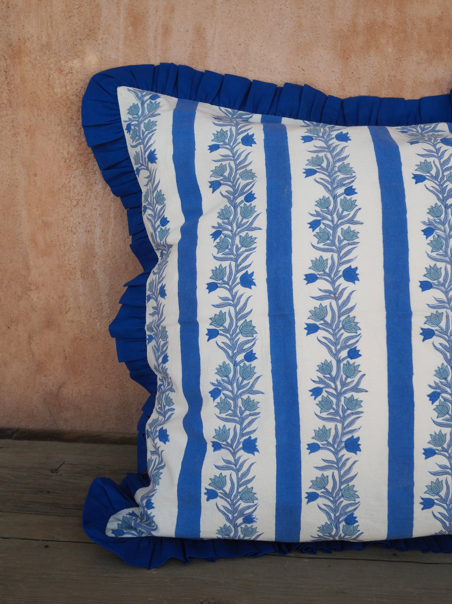 Large Blue Floral Stripe Reversible Cushion Cover