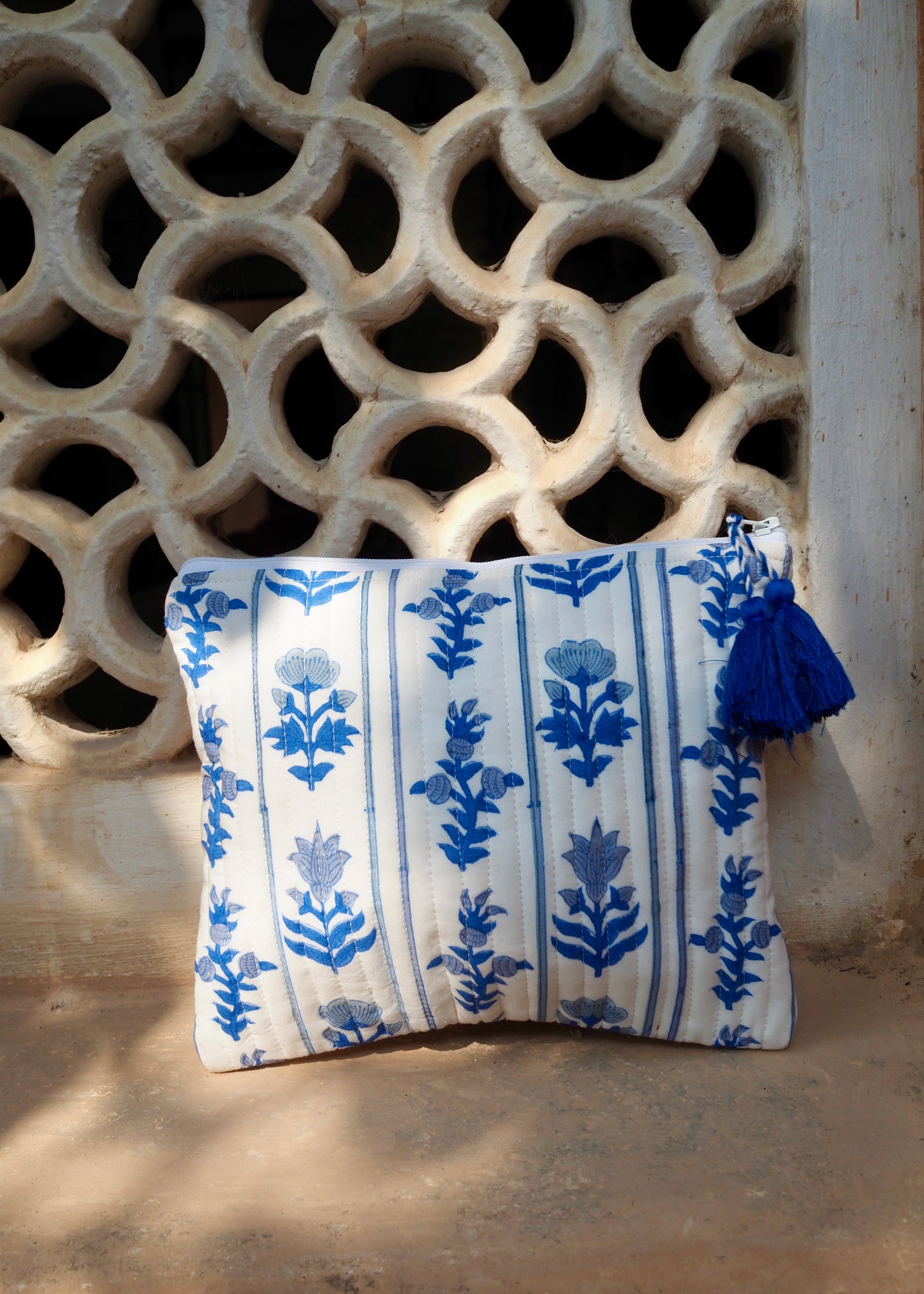 Blue Block Print Cosmetic Bag