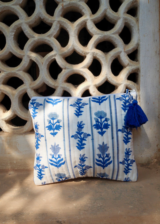 Blue Block Print Cosmetic Bag