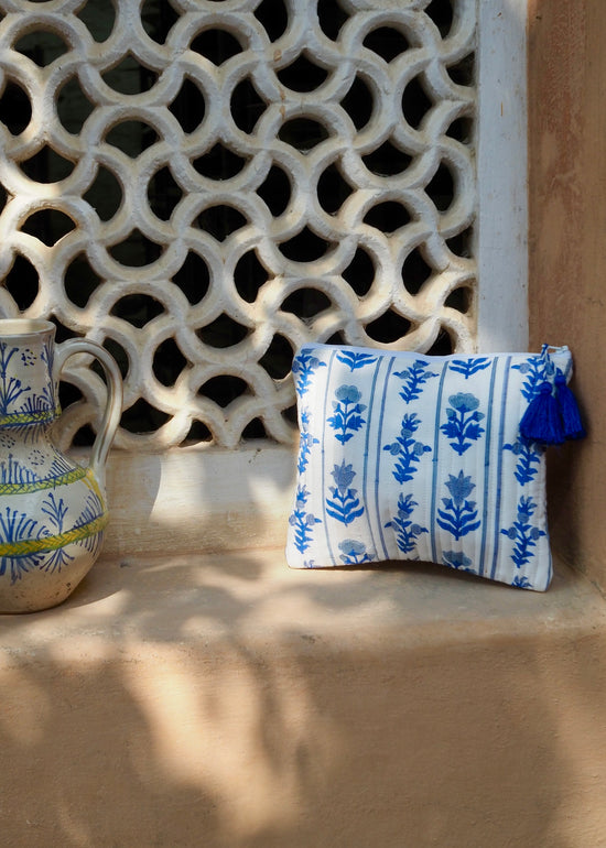 Blue Block Print Cosmetic Bag