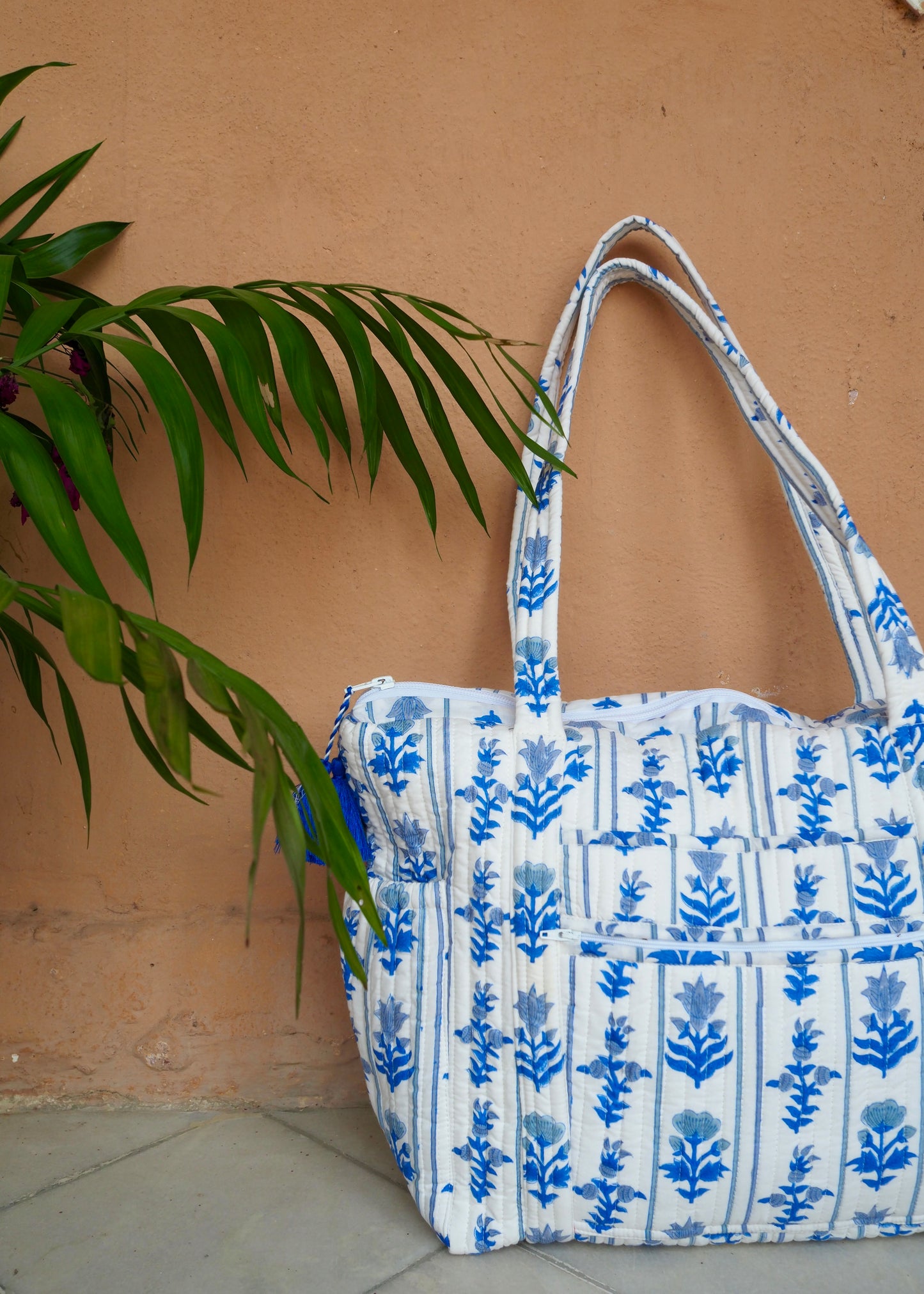 Block Print Blue Quilted Nappy / Tote Bag