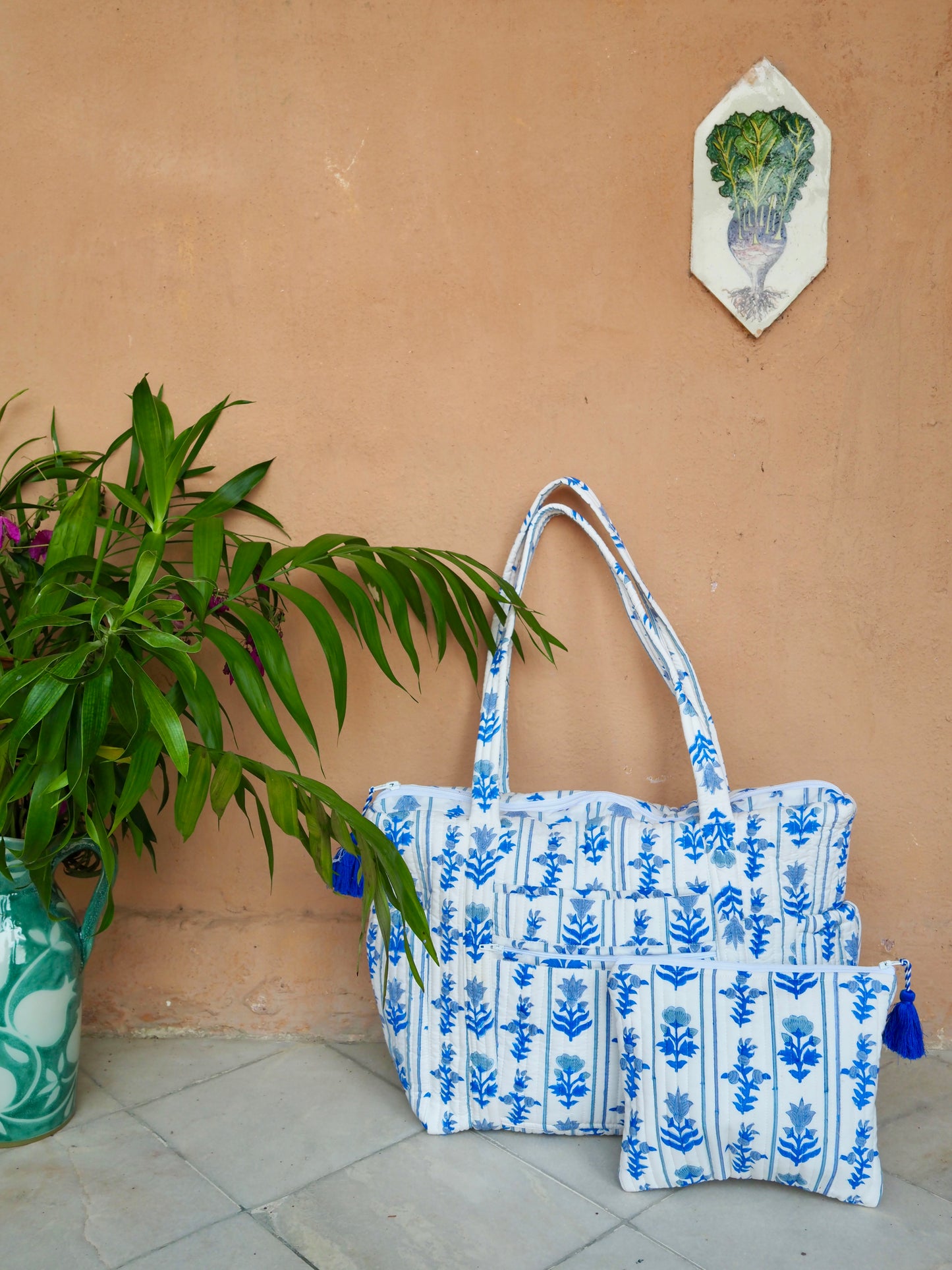 Block Print Blue Quilted Nappy / Tote Bag