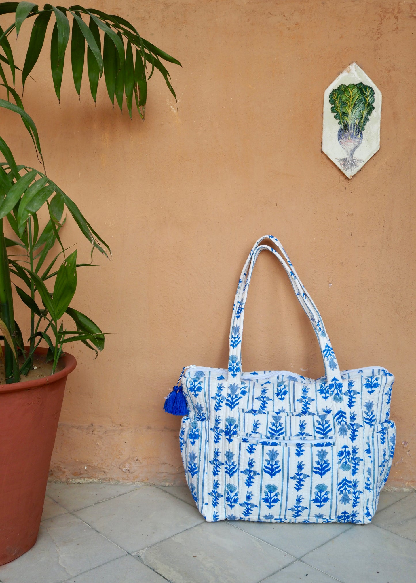 Block Print Blue Quilted Nappy / Tote Bag