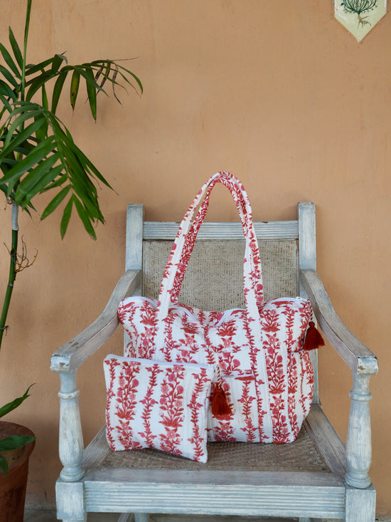 Block Print Pink Quilted Nappy / Tote Bag