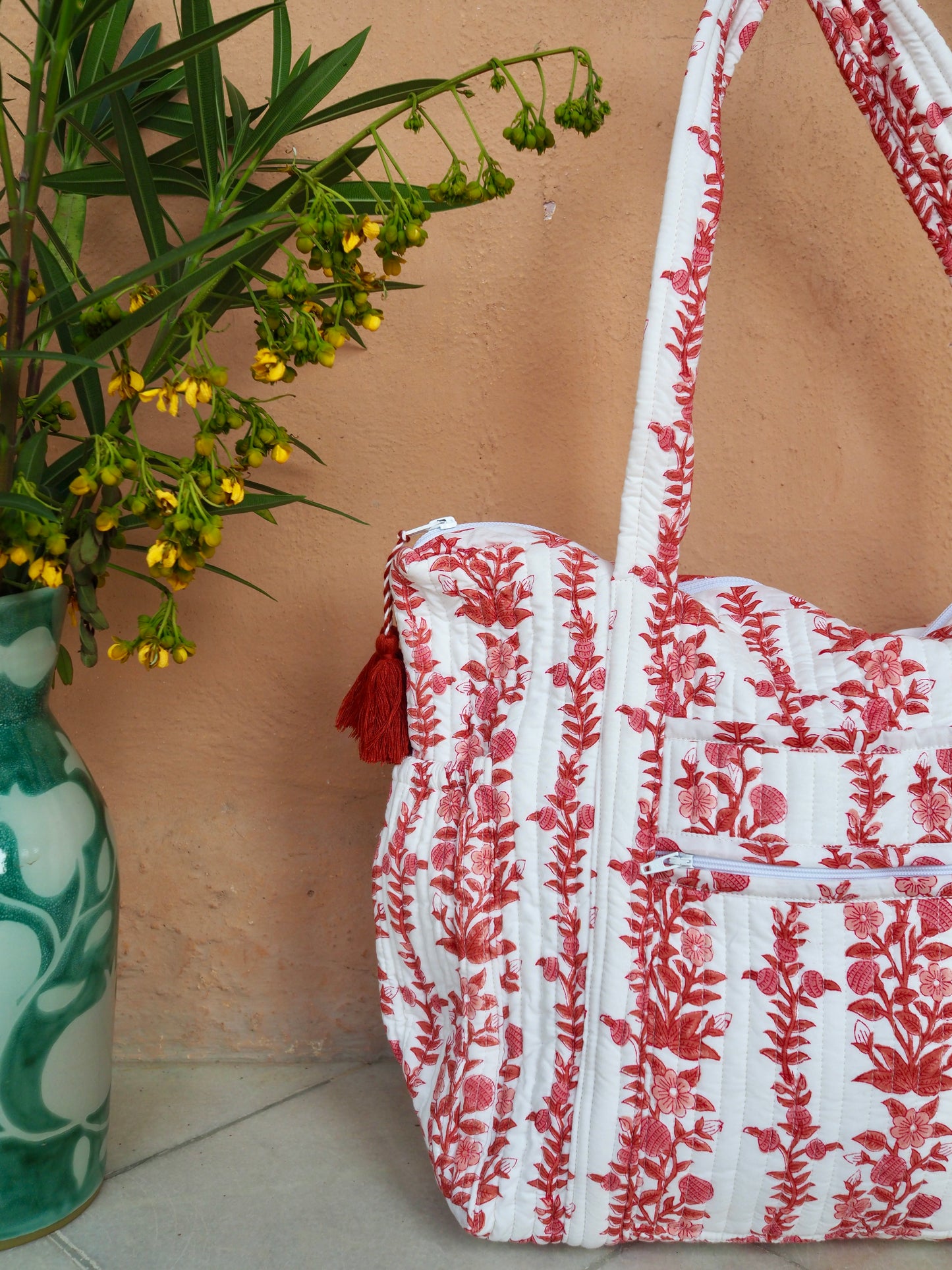 Block Print Pink Quilted Nappy / Tote Bag