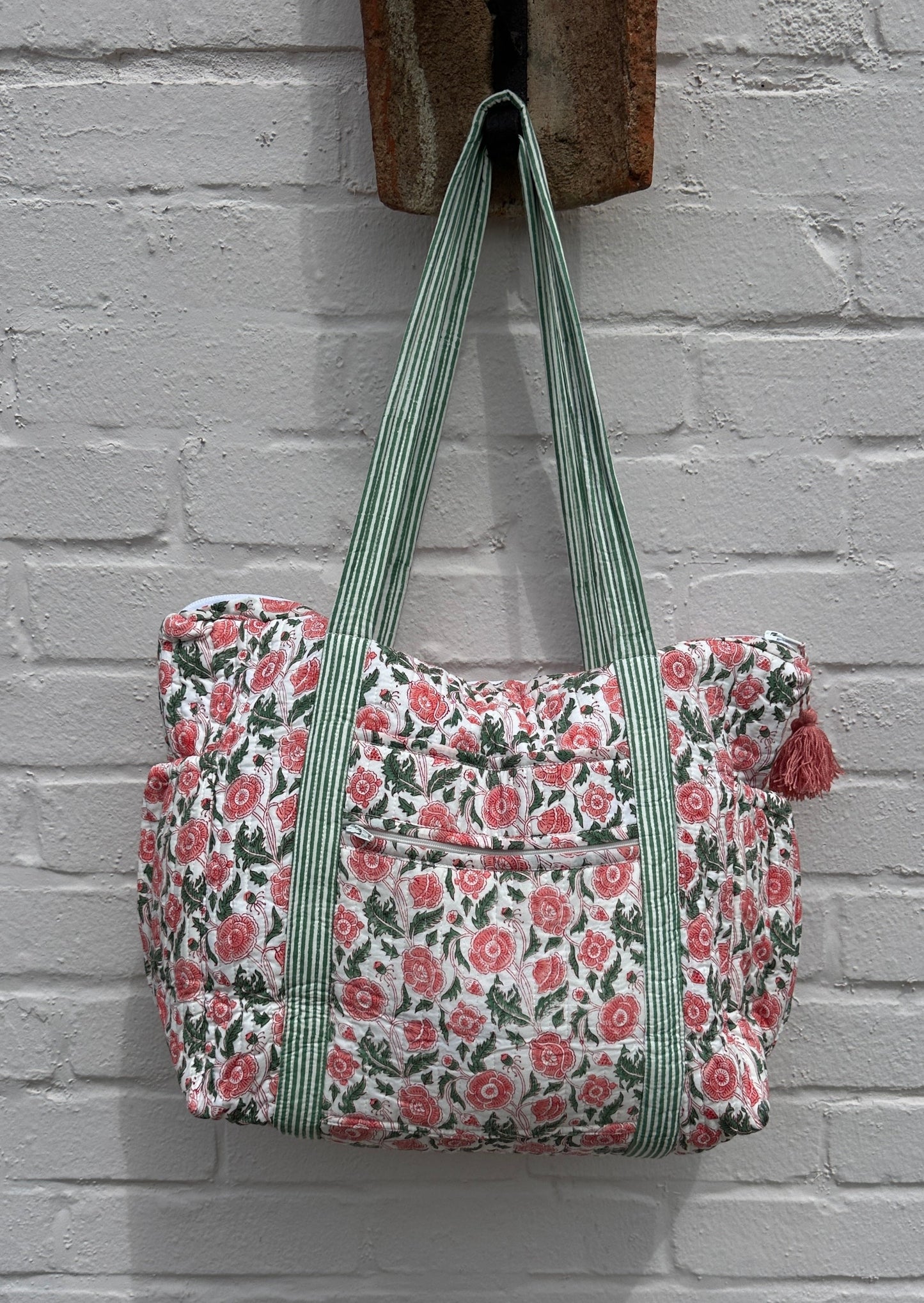 Pink / Green Block Print Tote and Nappy Bag