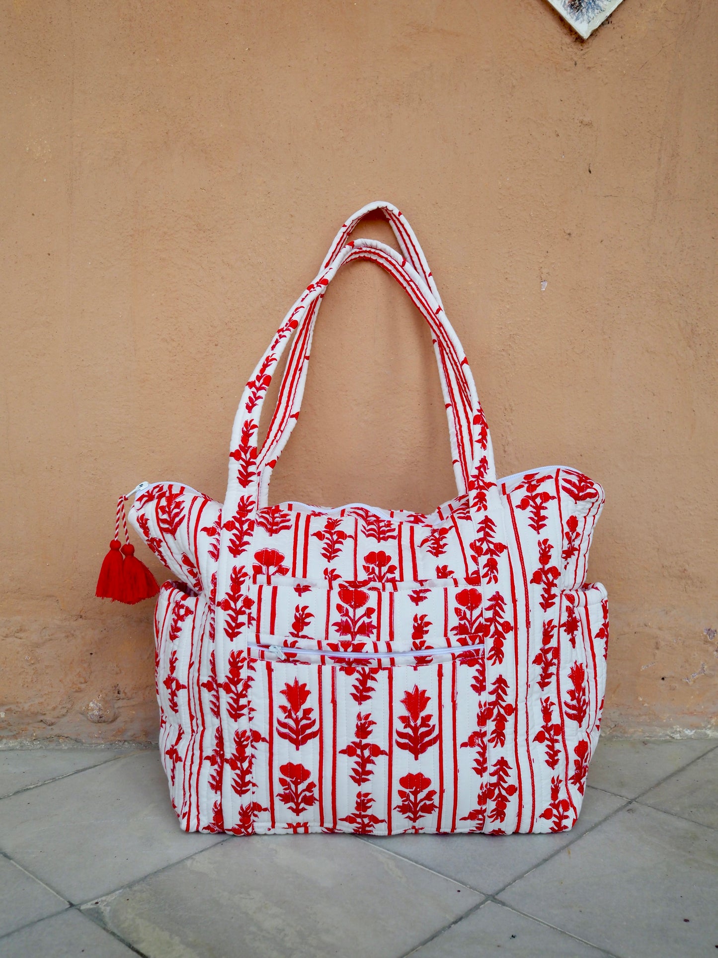 Block Print Red Quilted Nappy / Tote Bag