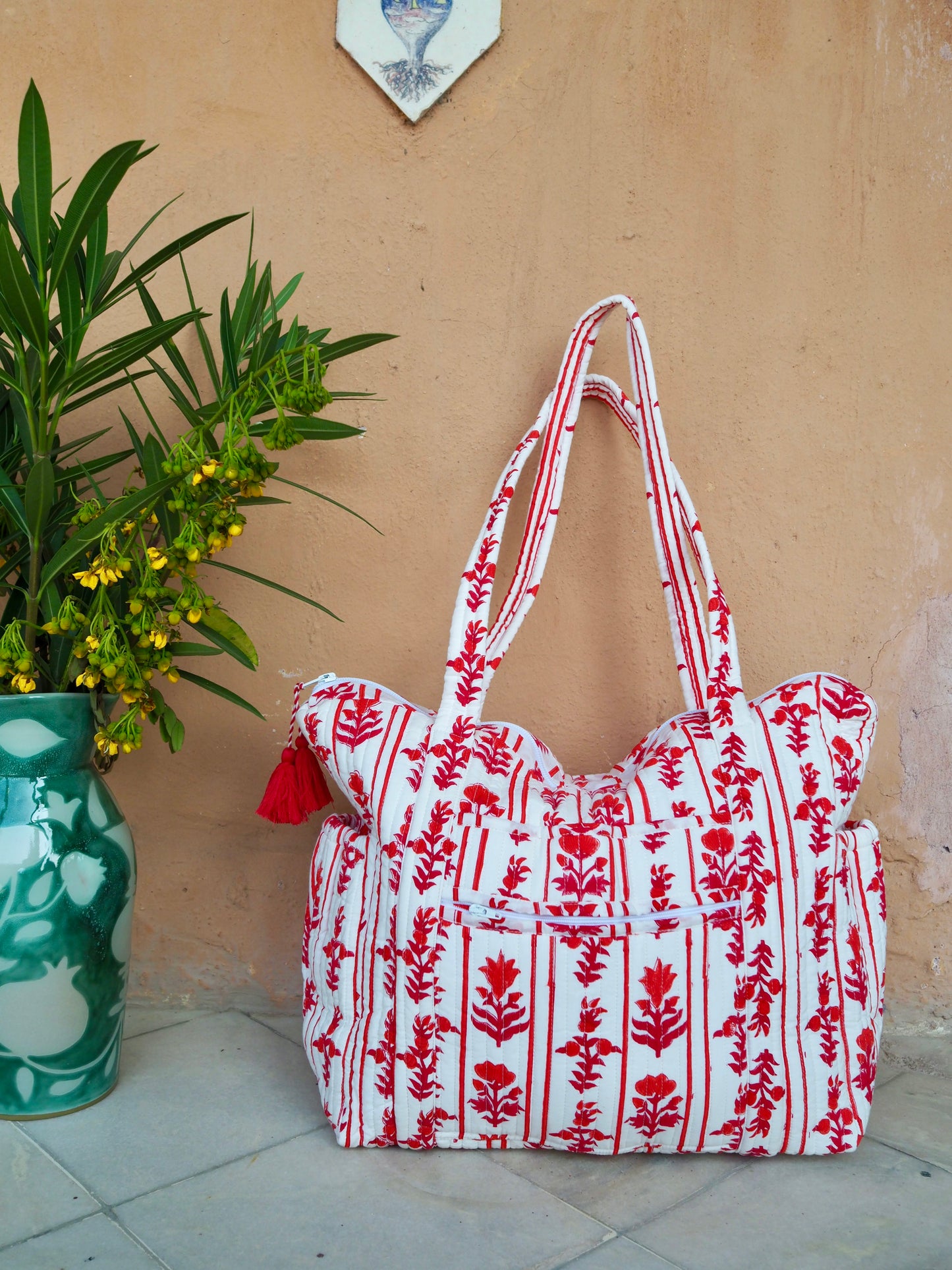 Block Print Red Quilted Nappy / Tote Bag