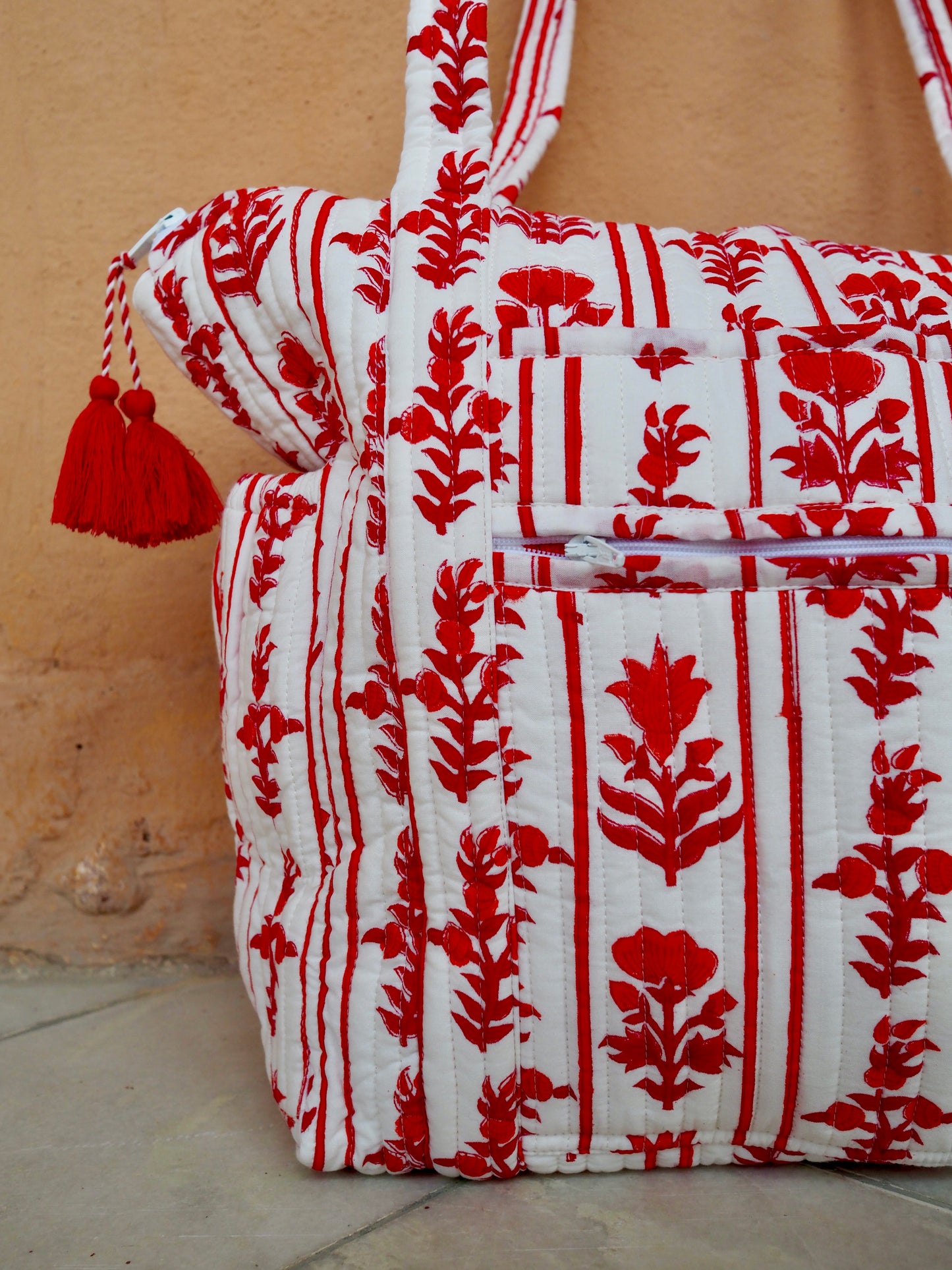 Block Print Red Quilted Nappy / Tote Bag