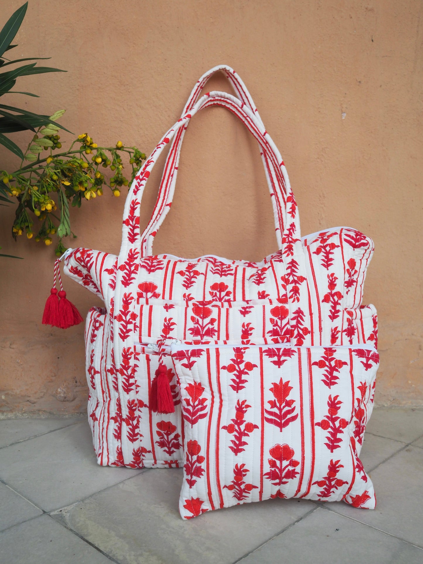 Block Print Red Quilted Nappy / Tote Bag