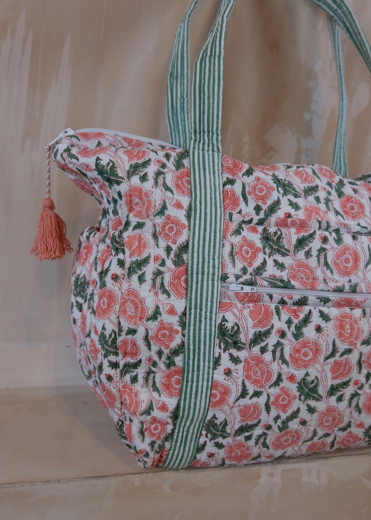 Pink / Green Block Quilted Tote Bag