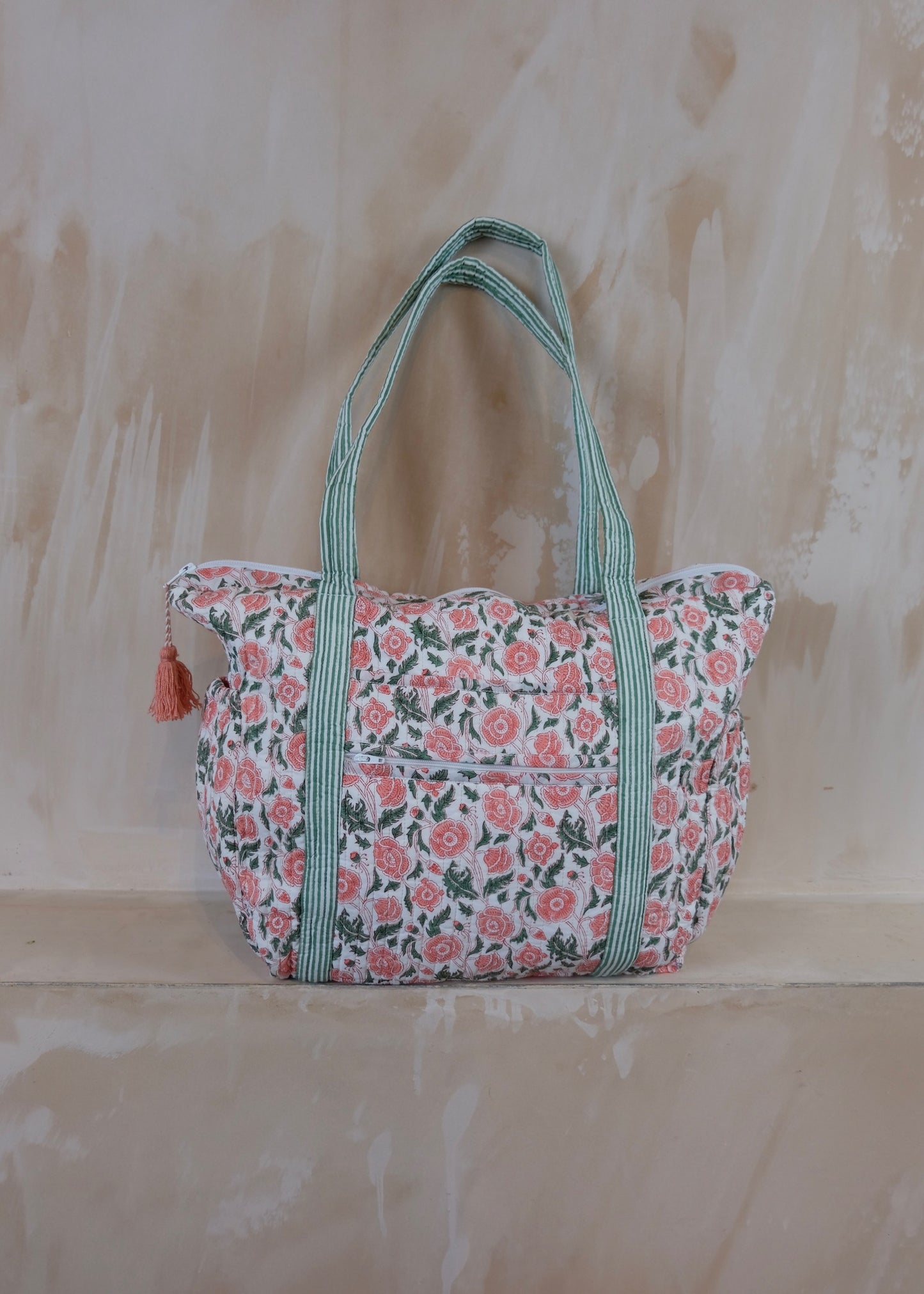 Pink / Green Block Quilted Tote Bag