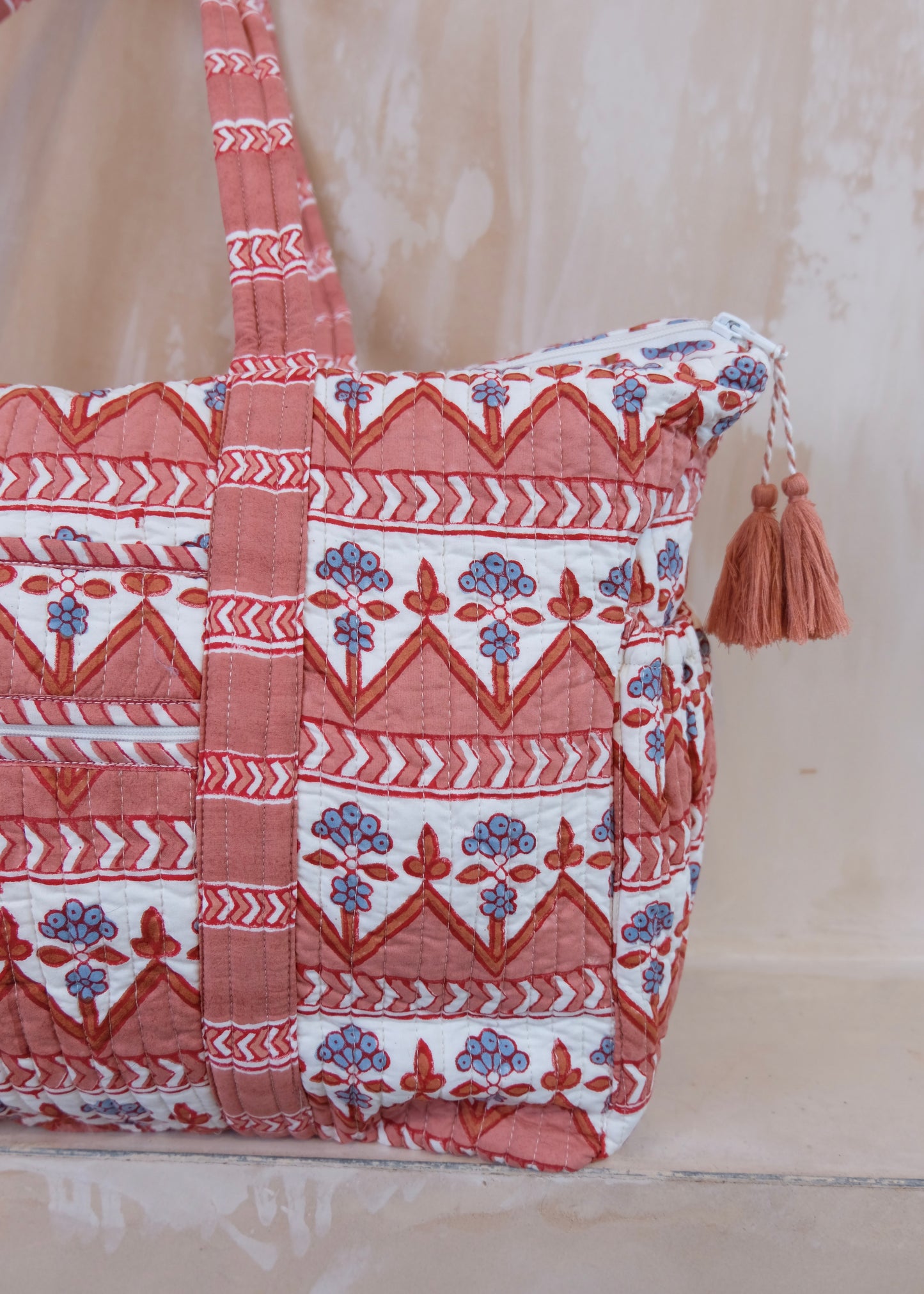 Block Print Terracotta Quilted Overnight Bag