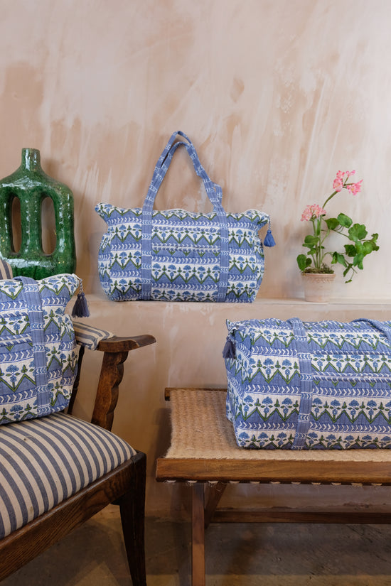 Block Print Blue Quilted Overnight Bag